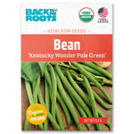 A packet of Back to the Roots Organic Bean Seeds — 'Kentucky Wonder Pole Green', featuring vibrant pole beans and USDA Organic, non-GMO certification.