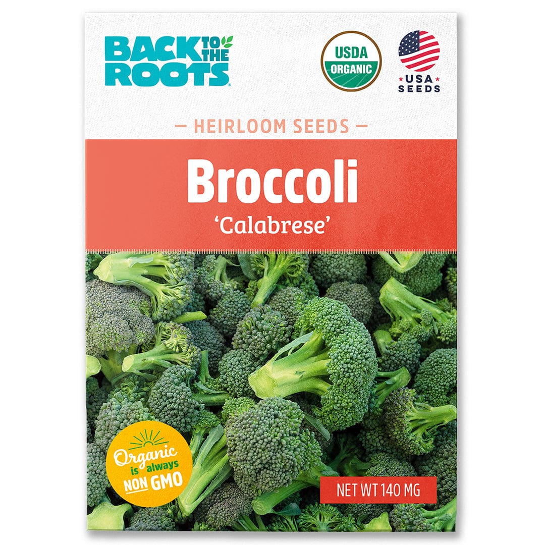 Back to the Roots Organic Broccoli Seeds 'Calabrese'—USDA Organic, non-GMO, perfect for cool-weather veggie gardens in the USA. Packet features fresh broccoli heads.