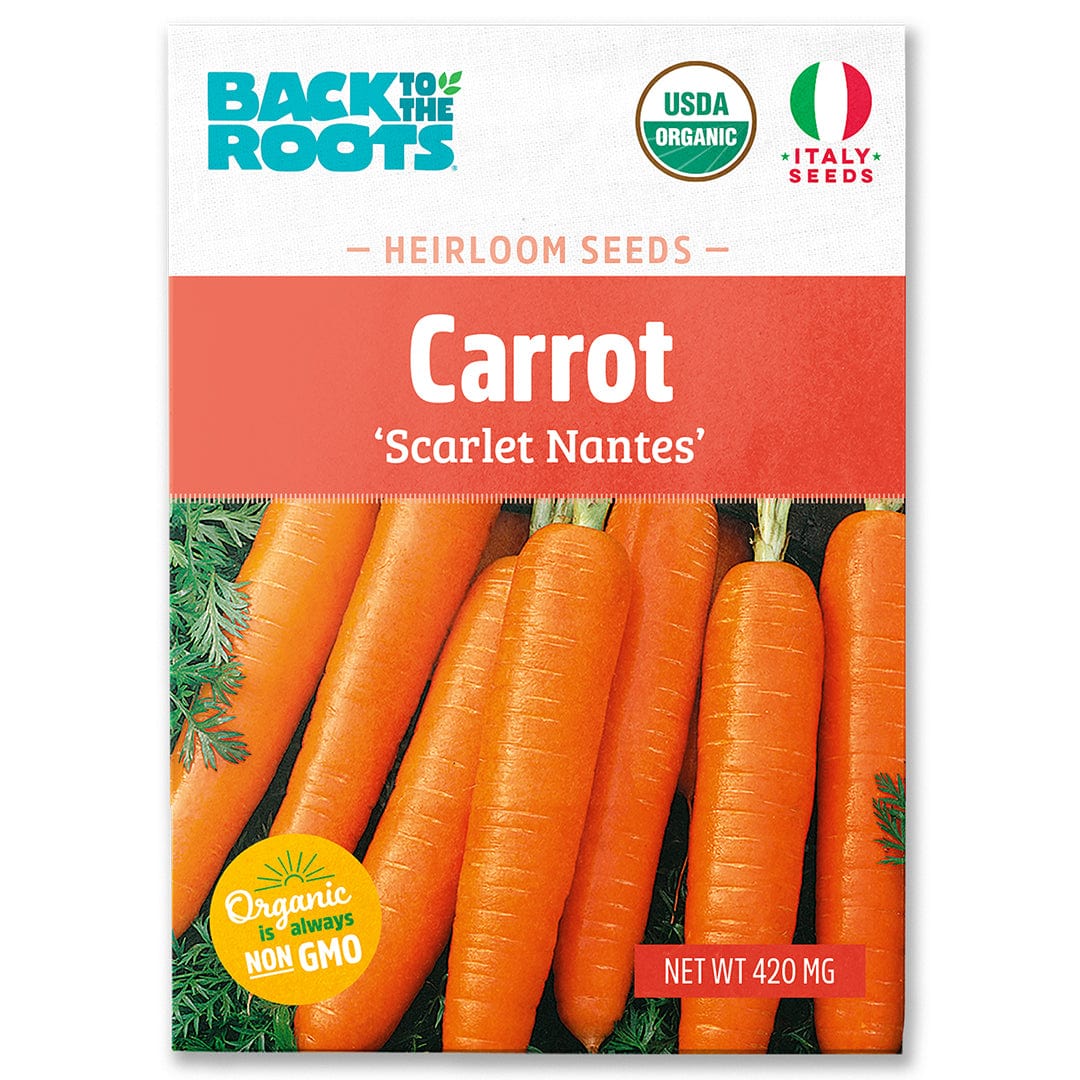 Packet of organic carrot seeds labeled 'Scarlet Nantes' with bright orange carrots and green tops visible on front. - Organic Carrot Seeds — 'Scarlet Nantes' - Default Title - Back to the Roots