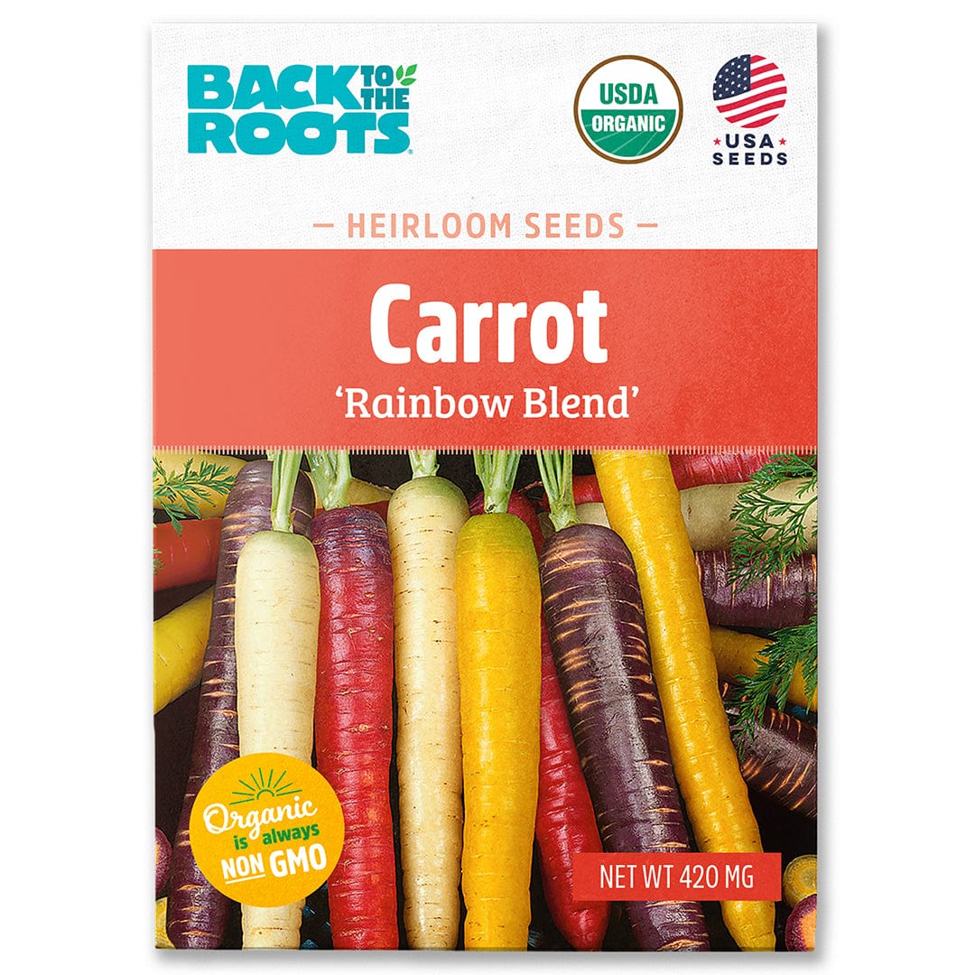 Add vibrant color to your garden with Back to the Roots Organic Carrot Seeds—'Rainbow Blend.' These organic, non-GMO, USDA Organic seeds grow a mix of rainbow carrots, making them a perfect pick for your veggie patch.