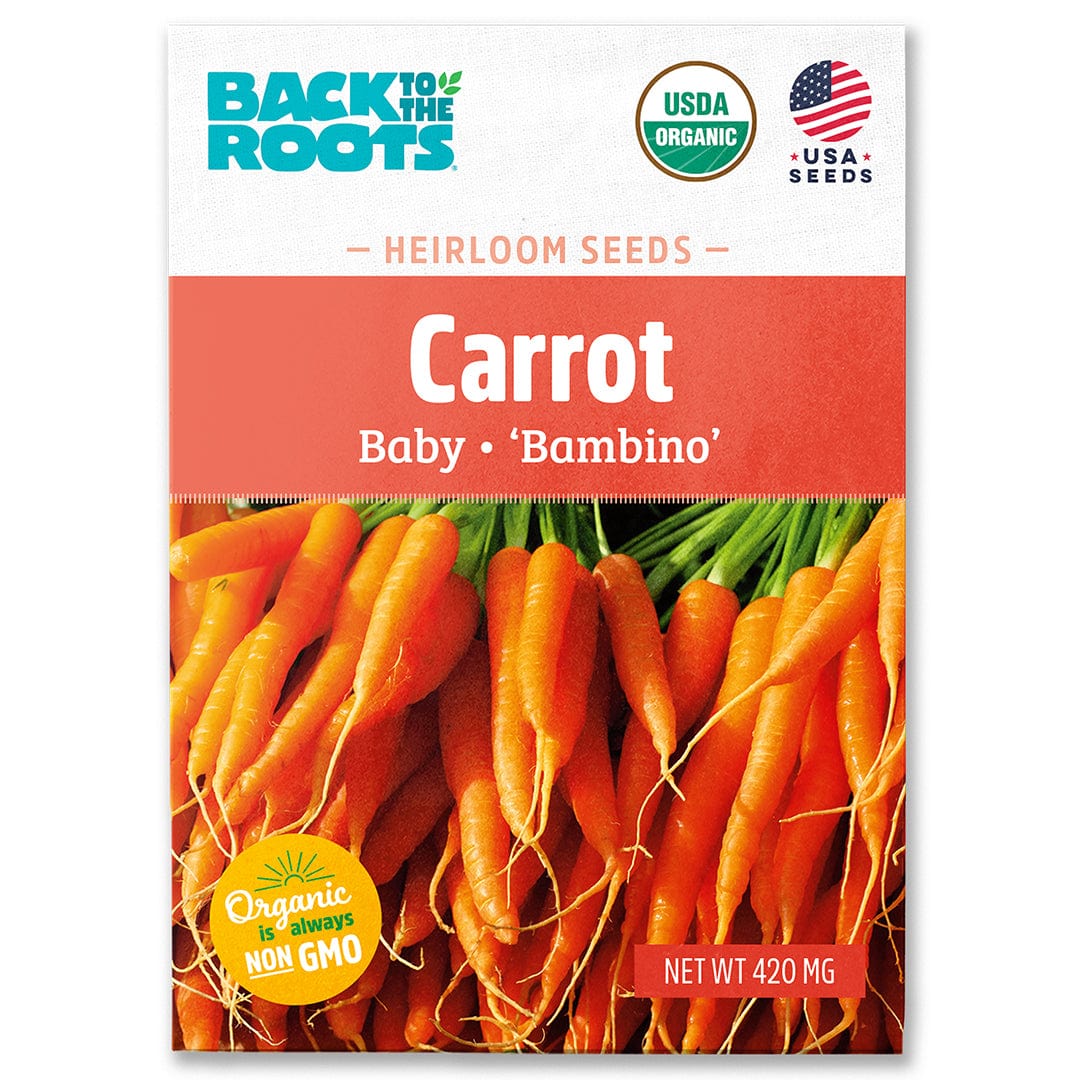 Organic Baby Bambino carrot seed packet with vibrant orange carrots and green tops on front. - Organic Carrot Seeds — 'Baby Bambino' - Default Title - Back to the Roots