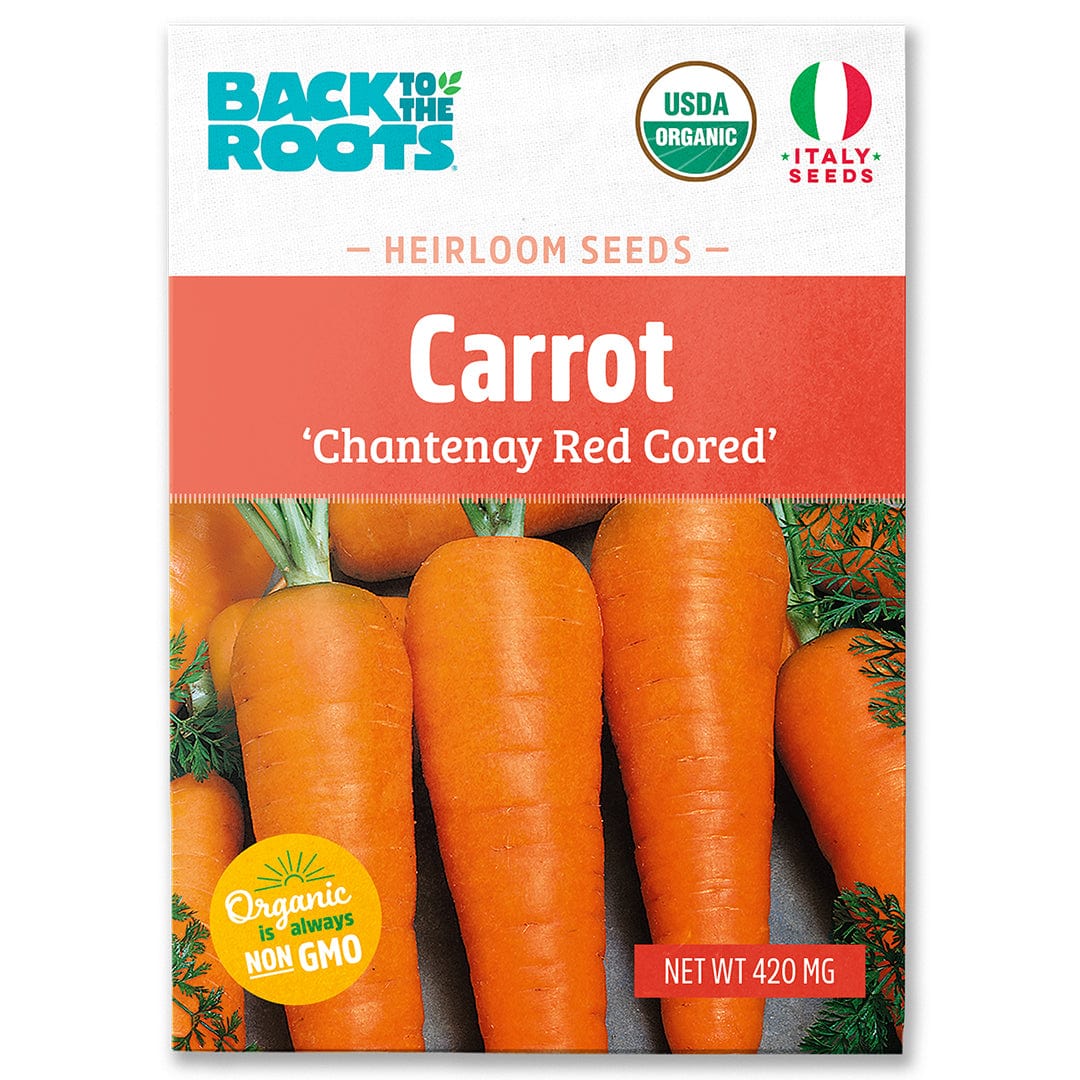 Back to the Roots Organic Carrot Seeds — 'Chantenay Red Cored': Perfect for your garden, these non-GMO, organic seeds let you grow fresh carrots at home. Features images of carrots and includes organic certifications.