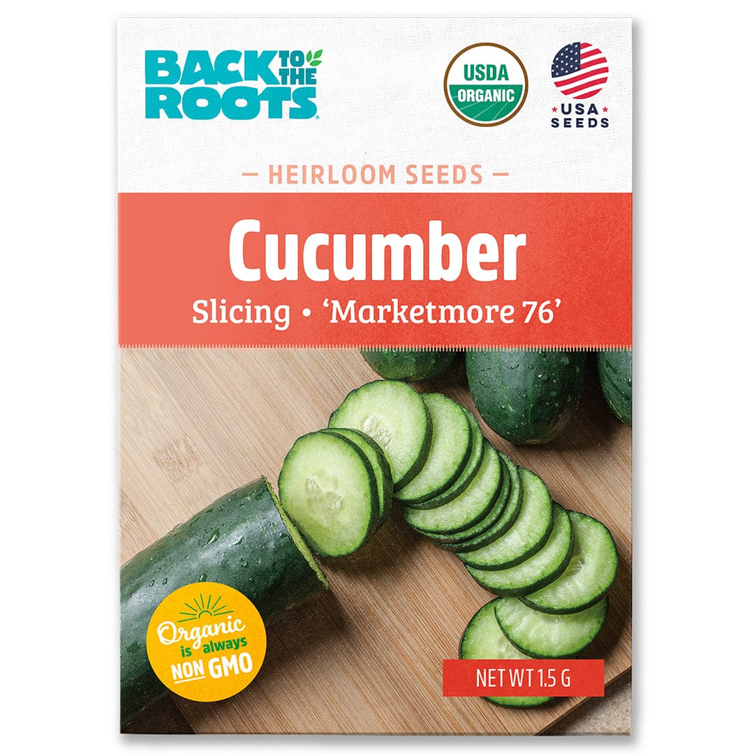 Back to the Roots Organic Cucumber Seeds — 'Marketmore 76' are USDA Organic and Non-GMO, ideal for growing crisp, slicing cucumbers at home.