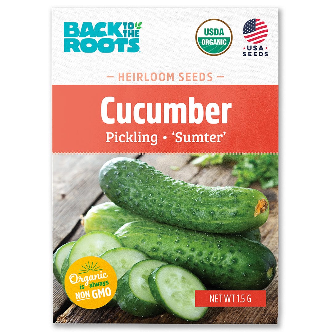 Organic cucumber seed packet with whole and sliced pickling Sumter cucumbers on wooden surface, USDA Organic label visible. - Organic Cucumber Seeds — 'Pickling • Sumter' - Default Title - Back to the Roots