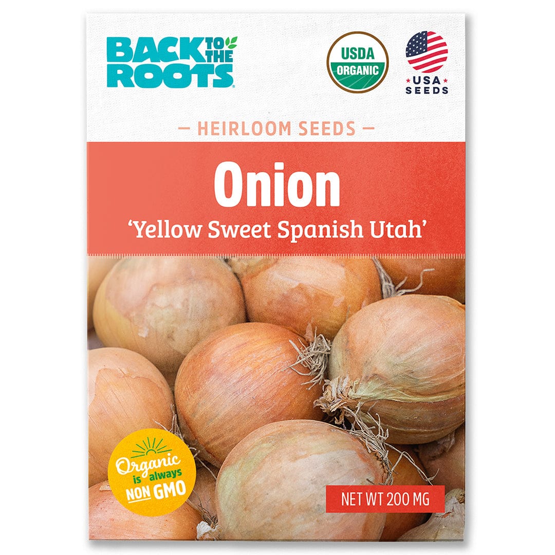 The Back to the Roots Organic Onion Seeds — 'Yellow Spanish Utah' are USDA organic, non-GMO, ideal for vegetable gardening, and come in a packet featuring images of several onions on the front.