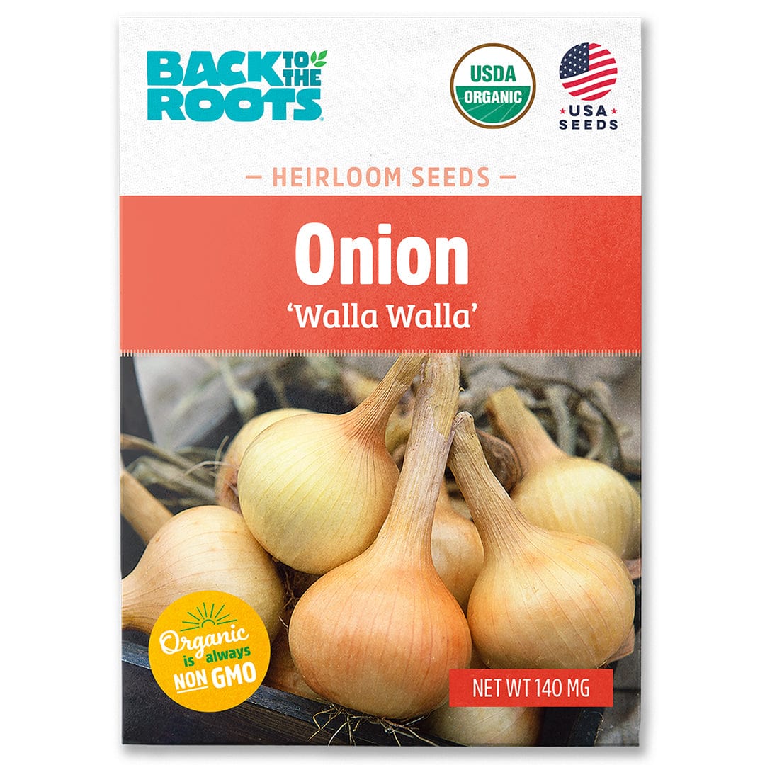 Organic Walla Walla onion seeds package with fresh whole onions on front label. - Organic Onion Seeds — 'Walla Walla' - Default Title - Back to the Roots