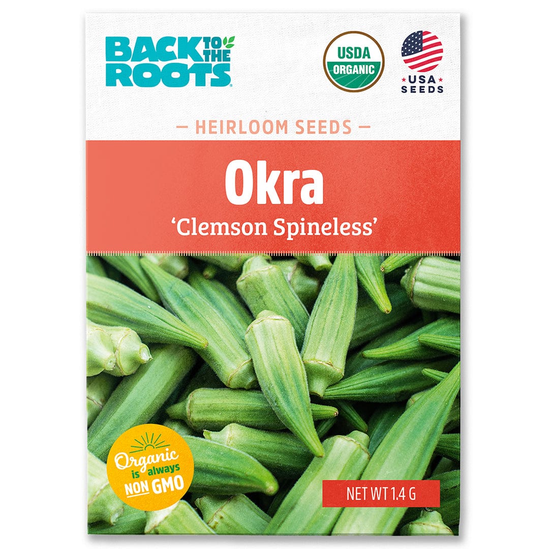 A packet of Back to the Roots Organic Okra Seeds — 'Clemson Spineless', featuring images of okra pods and certified organic, non-GMO, USA-grown seeds, ideal for growing this warm-weather crop.