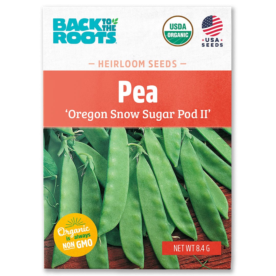 Organic pea seed packet featuring vibrant green pods labeled 'Oregon Snow Sugar Pod II' with USDA organic and non-GMO badges. - Organic Pea Seeds — 'Oregon Snow Sugar Pod II' - Default Title - Back to the Roots