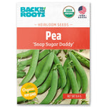 Back to the Roots Organic Pea Seeds 'Snap Sugar Daddy' are a cool weather crop for home gardens, offering green pods. USDA Organic, Non-GMO certified, and 8.4g net weight.