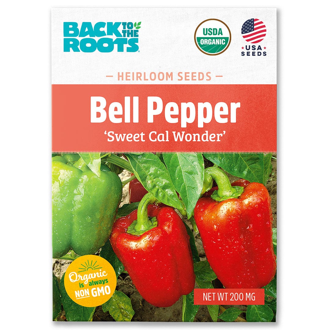 Organic Bell Pepper Seeds packet featuring bright red and green bell peppers with green leaves, USDA Organic and Non-GMO. - Organic Bell Pepper Seeds — 'Sweet Cal Wonder' - Default Title - Back to the Roots
