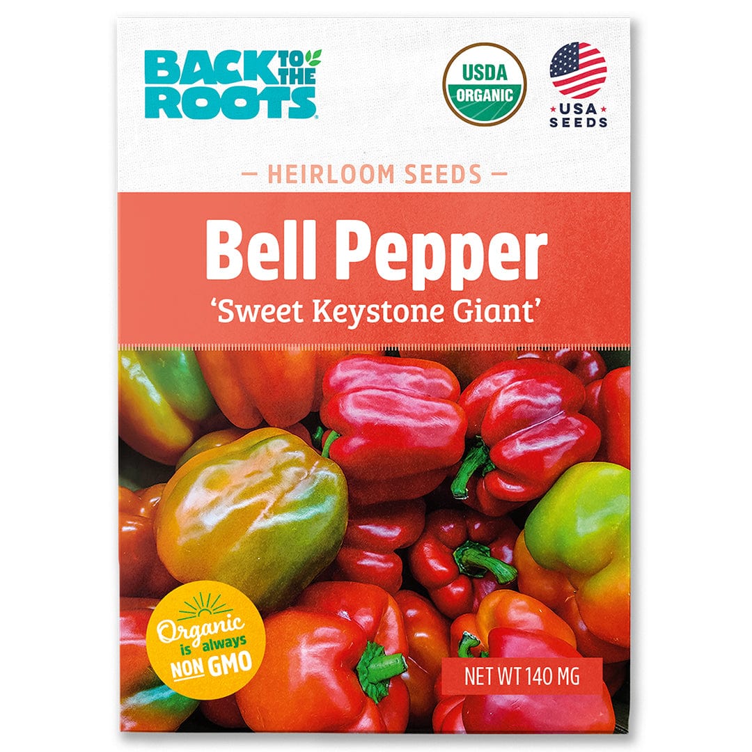 Back to the Roots Organic Bell Pepper Seeds — 'Keystone Giant' are USDA Organic and Non-GMO, featuring vibrant peppers—ideal for planning your garden with the grow calendar tool.
