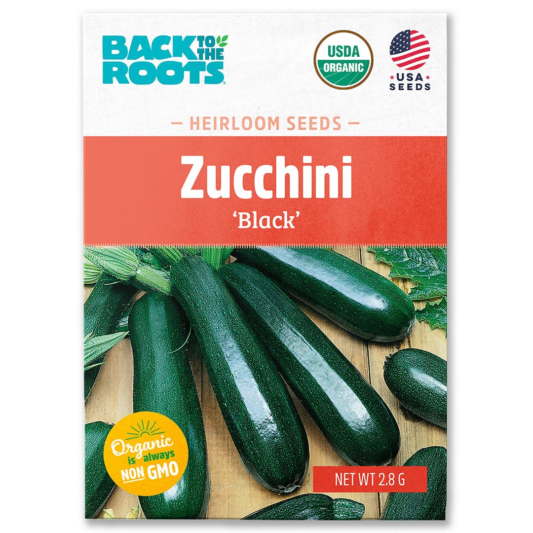 Packet of organic black zucchini seeds with three dark green zucchinis on the front. - Organic Zucchini Seeds — 'Black' - Default Title - Back to the Roots
