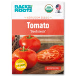 Organic heirloom Beefsteak tomato seed packet with images of whole and sliced red tomatoes on a wooden surface. - Organic Tomato Seeds — 'Beefsteak' - Default Title - Back to the Roots