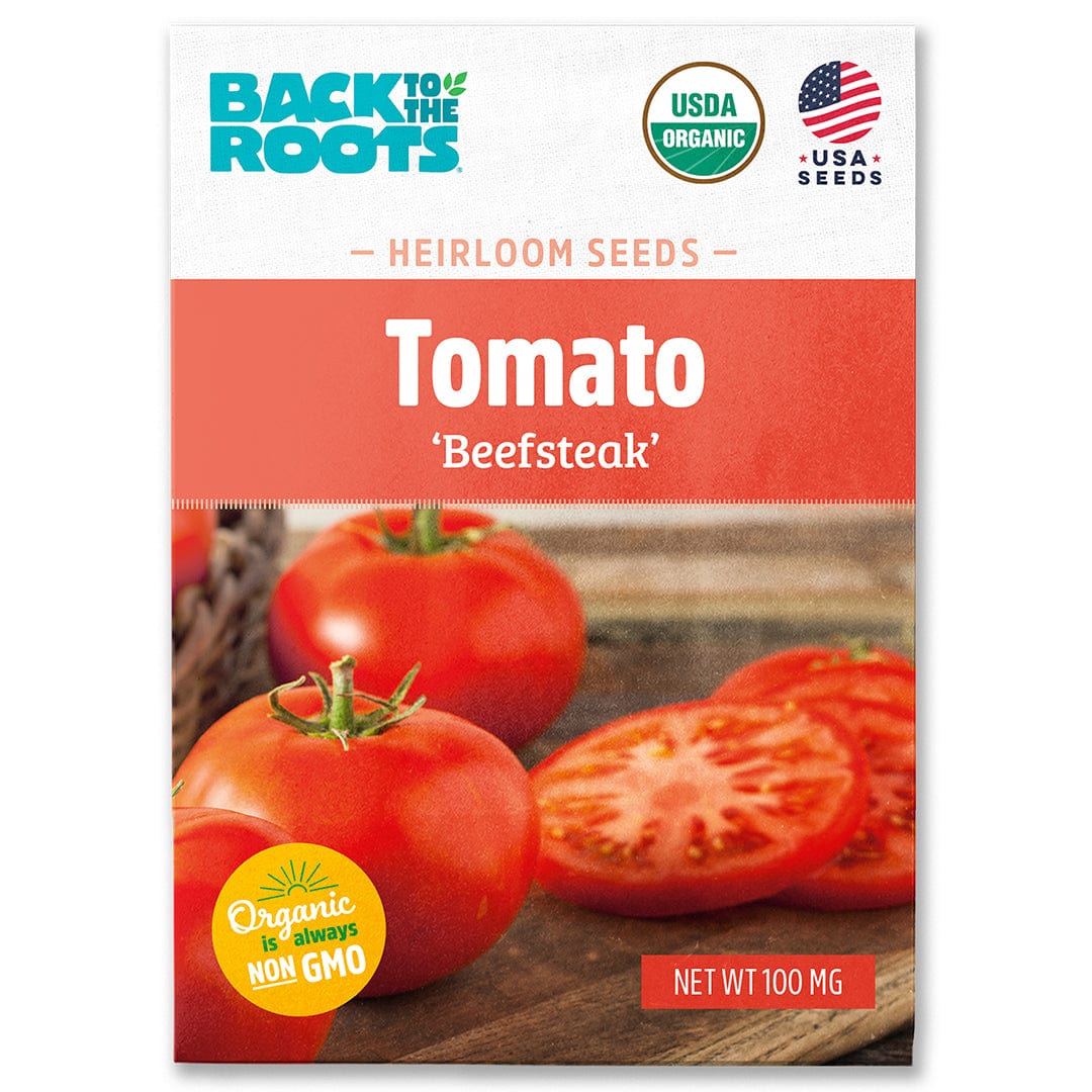 Organic heirloom Beefsteak tomato seed packet with images of whole and sliced red tomatoes on a wooden surface. - Organic Tomato Seeds — 'Beefsteak' - Default Title - Back to the Roots