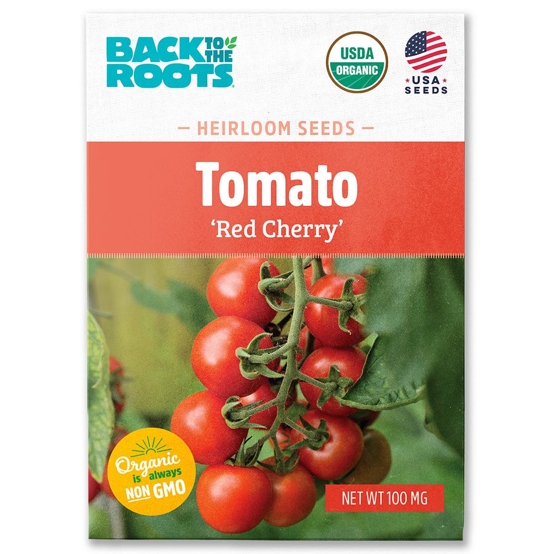 Packet of organic Red Cherry tomato seeds with vibrant red tomatoes on the vine illustration. - Organic Tomato Seeds — 'Red Cherry' - Default Title - Back to the Roots