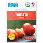 Package of organic Roma tomato seeds with images of ripe Roma tomatoes on wooden surface. - Organic Tomato Seeds — Roma - Default Title - Back to the Roots