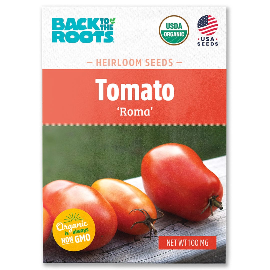 Package of organic Roma tomato seeds with images of ripe Roma tomatoes on wooden surface. - Organic Tomato Seeds — Roma - Default Title - Back to the Roots