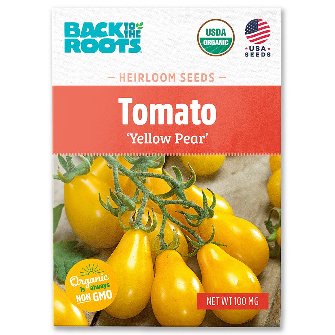 Organic Yellow Pear tomato seeds packet with cluster of yellow pear-shaped tomatoes on the front. - Organic Tomato Seeds — 'Yellow Pear' - Default Title - Back to the Roots