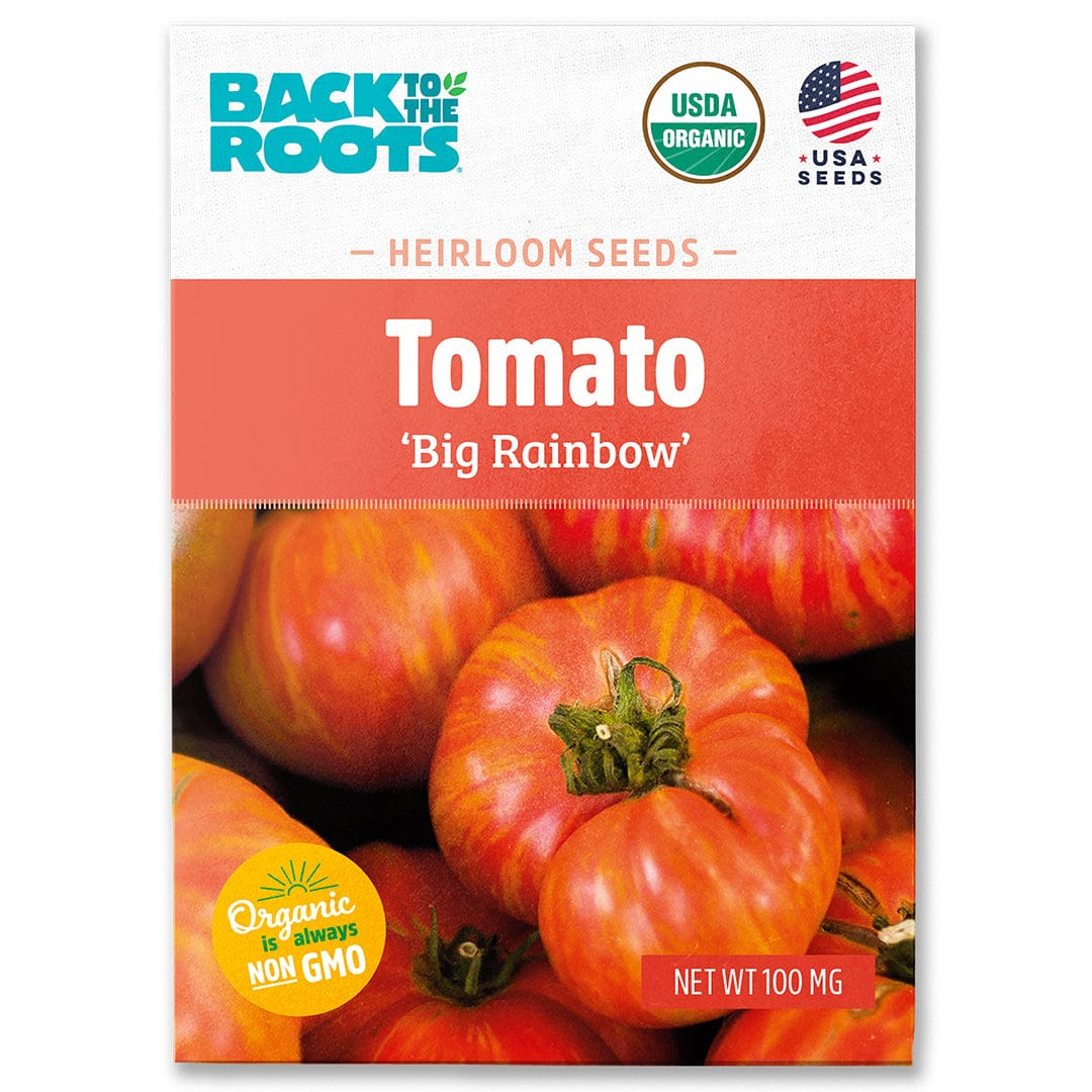 Heirloom Big Rainbow tomato seeds packet with colorful tomatoes on front and USDA organic label. - Organic Tomato Seeds — 'Big Rainbow' - Default Title - Back to the Roots