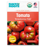 Packet of Back to the Roots organic Brandywine Pink tomato seeds with red heirloom tomatoes on the front. - Organic Tomato Seeds — 'Brandywine Pink' - Default Title - Back to the Roots