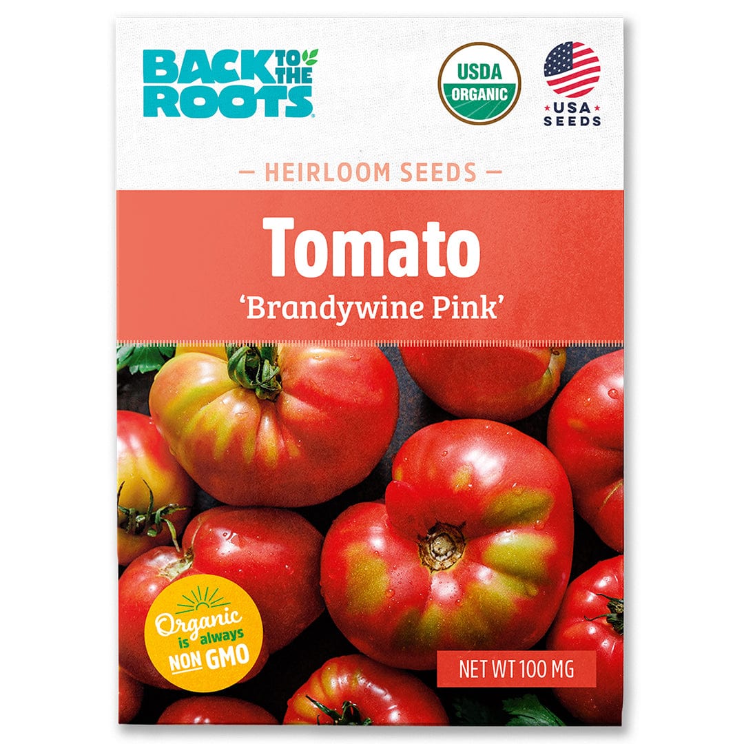Packet of Back to the Roots organic Brandywine Pink tomato seeds with red heirloom tomatoes on the front. - Organic Tomato Seeds — 'Brandywine Pink' - Default Title - Back to the Roots