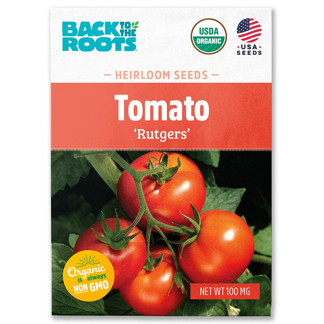 Packet of organic Rutgers tomato seeds with bright red tomatoes and green leaves on the front. - Organic Tomato Seeds — 'Rutgers' - Default Title - Back to the Roots