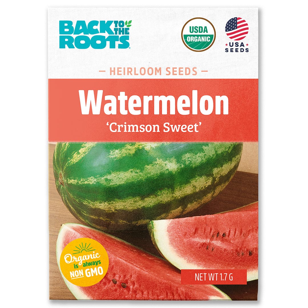 Packet of organic Crimson Sweet watermelon seeds with a whole and sliced watermelon on the front. - Organic Watermelon Seeds — 'Crimson Sweet' - Default Title - Back to the Roots