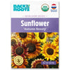 Packet of organic sunflower seeds labeled "Autumn Beauty" featuring vibrant sunflowers in shades of yellow, orange, and red. - Organic Sunflower Seeds — 'Autumn Beauty' - Default Title - Back to the Roots