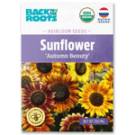 Packet of organic sunflower seeds labeled "Autumn Beauty" featuring vibrant sunflowers in shades of yellow, orange, and red. - Organic Sunflower Seeds — 'Autumn Beauty' - Default Title - Back to the Roots