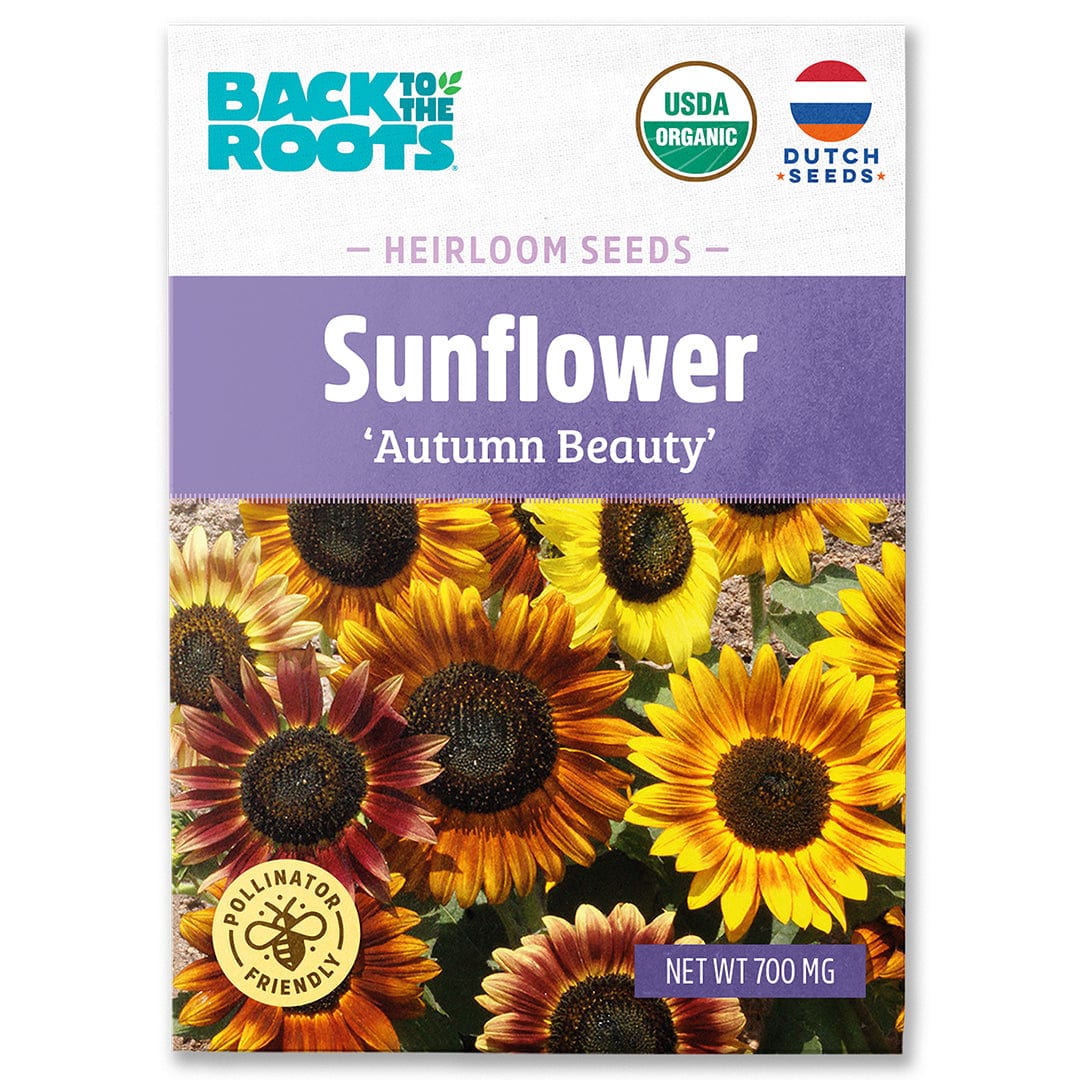 Packet of organic sunflower seeds labeled "Autumn Beauty" featuring vibrant sunflowers in shades of yellow, orange, and red. - Organic Sunflower Seeds — 'Autumn Beauty' - Default Title - Back to the Roots