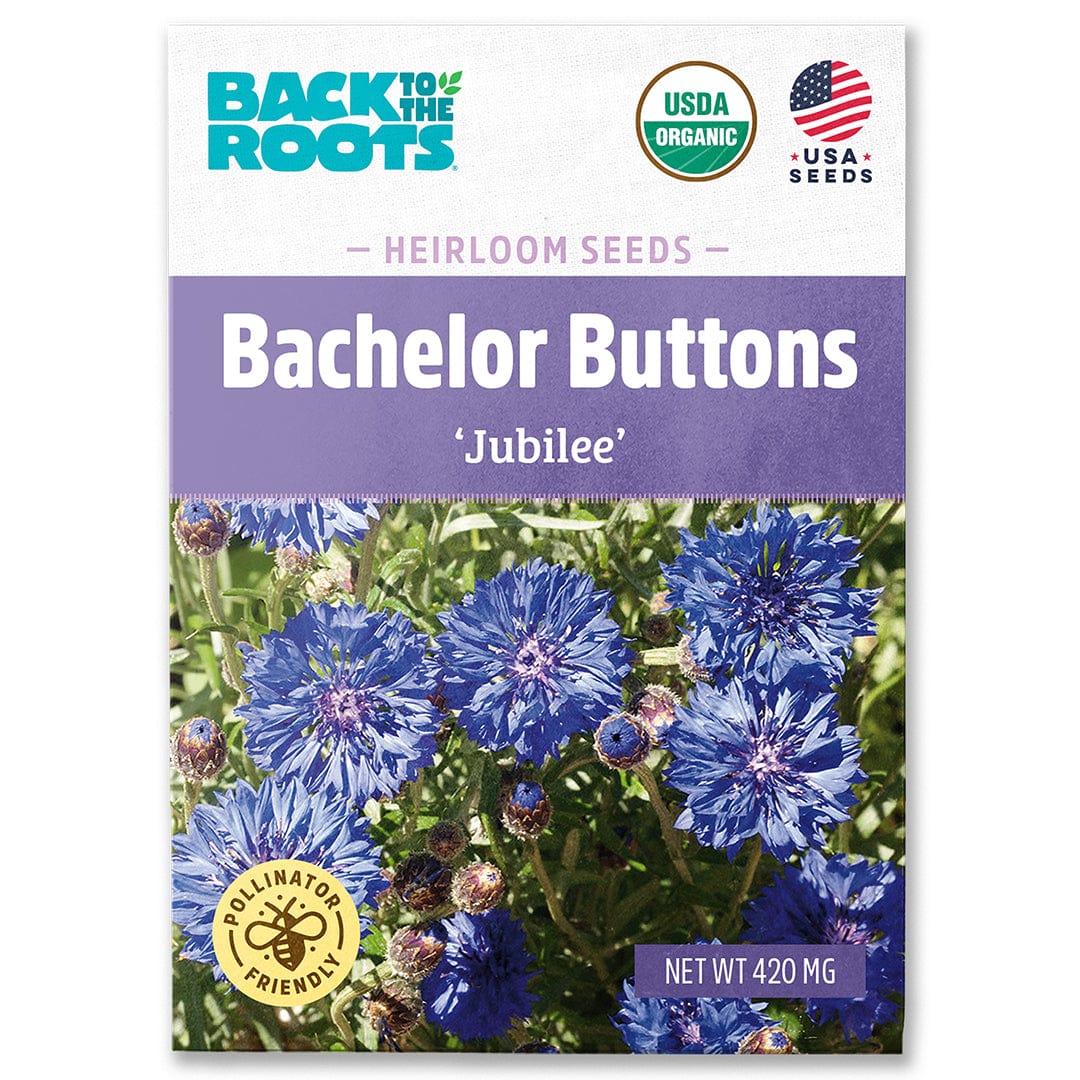Packet of organic Bachelor Buttons 'Jubilee' seeds with blue flowers and USDA Organic label. - Organic Bachelor Buttons Seeds — 'Jubilee' - Default Title - Back to the Roots