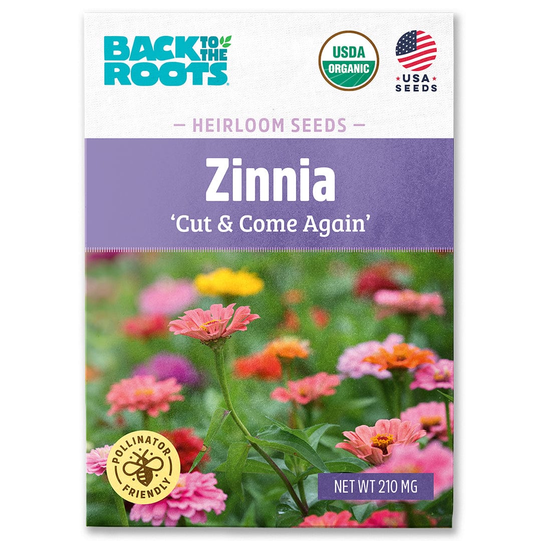 Packet of organic 'Cut and Come Again' zinnia seeds with colorful zinnia flowers on front. - Organic Zinnia Seeds — 'Cut and Come Again' - Default Title - Back to the Roots