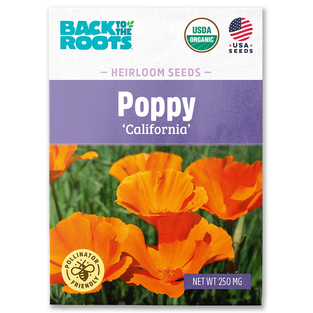 Packet of organic California poppy seeds with bright orange poppy flowers on front. - Organic Poppy Seeds — 'California' - Default Title - Back to the Roots
