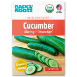 Pack of USDA organic cucumber seeds labeled Slicing Muncher with images of whole and sliced cucumbers on wooden surface. - Organic Cucumber Seeds — 'Slicing • Muncher' - Default Title - Back to the Roots