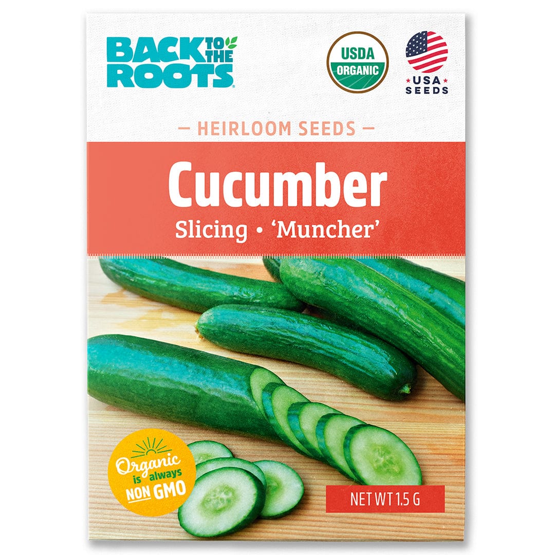 Pack of USDA organic cucumber seeds labeled Slicing Muncher with images of whole and sliced cucumbers on wooden surface. - Organic Cucumber Seeds — 'Slicing • Muncher' - Default Title - Back to the Roots
