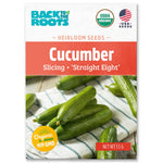 Package of Back to the Roots organic cucumber seeds with fresh cucumbers on a cloth background. - Organic Cucumber Seeds — 'Slicing • Straight Eight' - Default Title - Back to the Roots