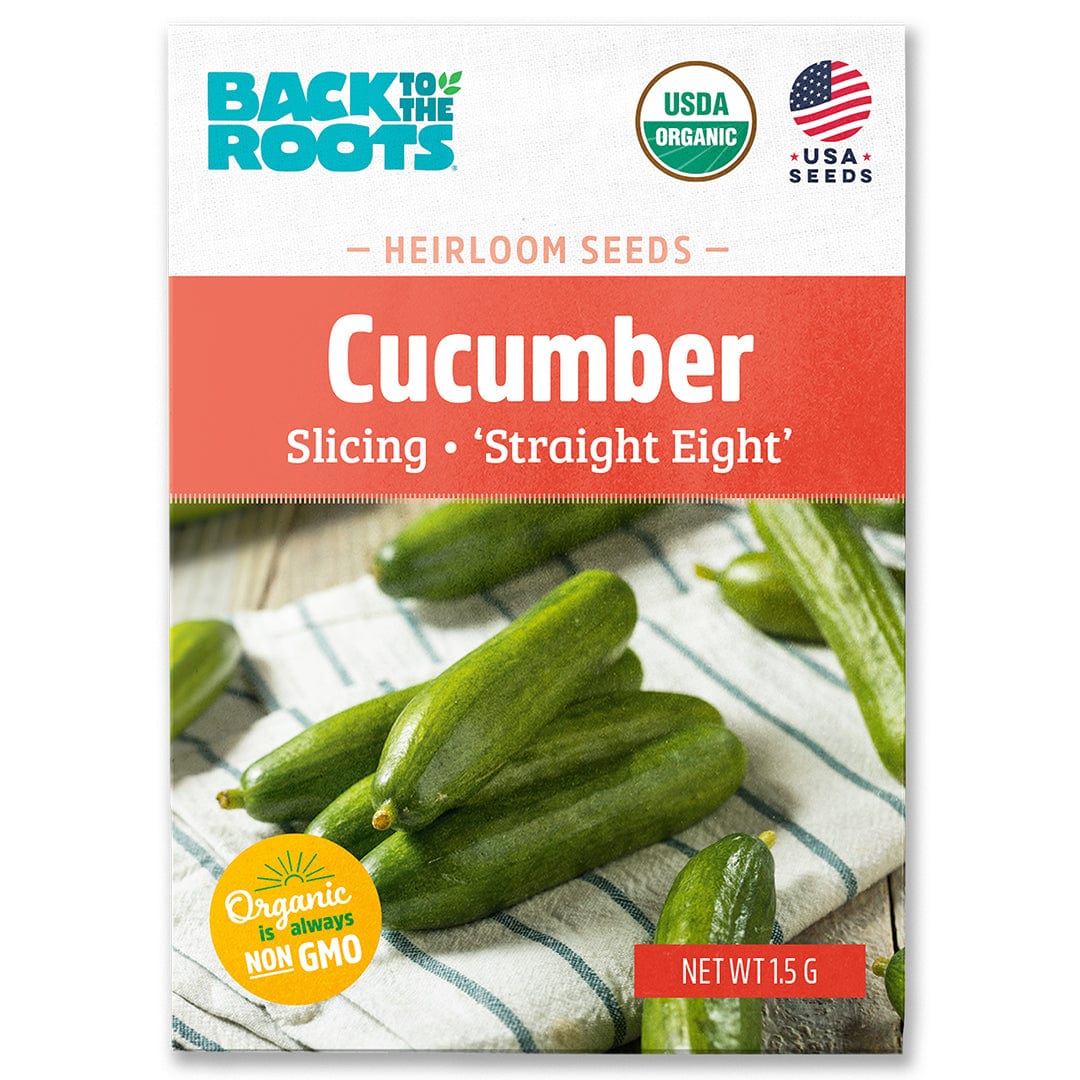 Package of Back to the Roots organic cucumber seeds with fresh cucumbers on a cloth background. - Organic Cucumber Seeds — 'Slicing • Straight Eight' - Default Title - Back to the Roots