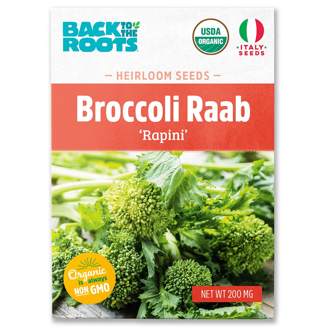 Organic Broccoli Raab 'Rapini' seed packet with green broccoli florets on front. - Organic Broccoli Raab Seeds — 'Rapini' - Default Title - Back to the Roots