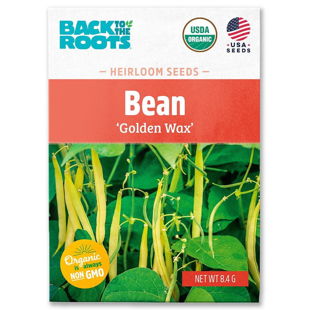 Packet of organic Golden Wax bean seeds with bright yellow beans and green leaves on front. - Organic Bean Seeds — 'Golden Wax' - Default Title - Back to the Roots
