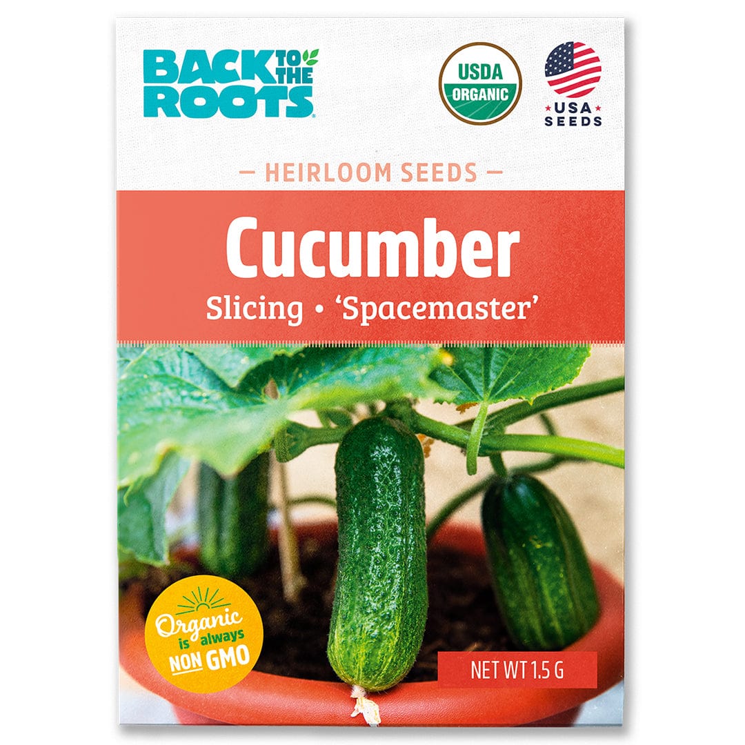 Packet of Back to the Roots organic cucumber seeds with an image of two green cucumbers on the vine. - Organic Cucumber Seeds — 'Slicing • Spacemaster' - Default Title - Back to the Roots