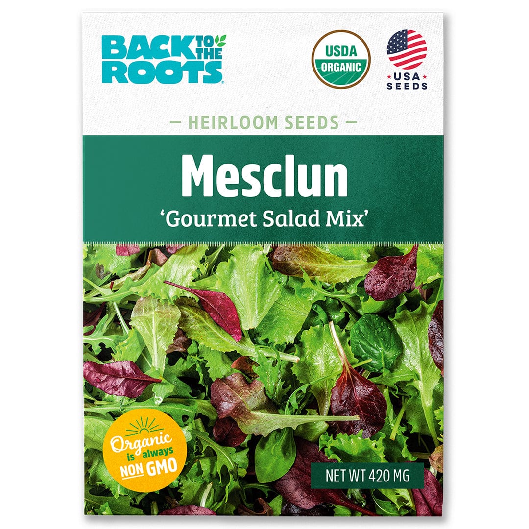 Organic Mesclun seed packet with green and white design, USDA Organic and USA Seeds logos visible. - Organic Mesclun Seeds — 'Gourmet Salad Mix' - Default Title - Back to the Roots