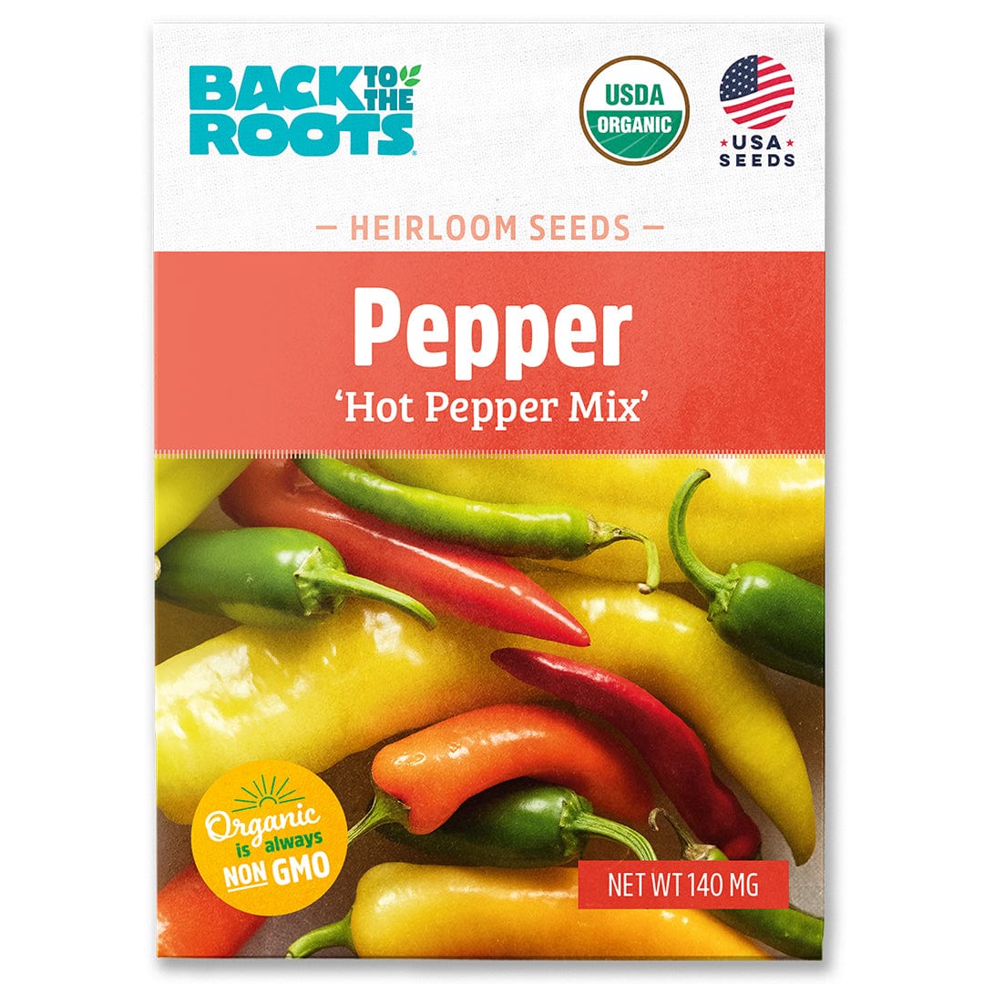 Packet of organic heirloom hot pepper mix seeds with colorful chili peppers illustration. - Organic Pepper Seeds — 'Hot Pepper Mix' - Default Title - Back to the Roots