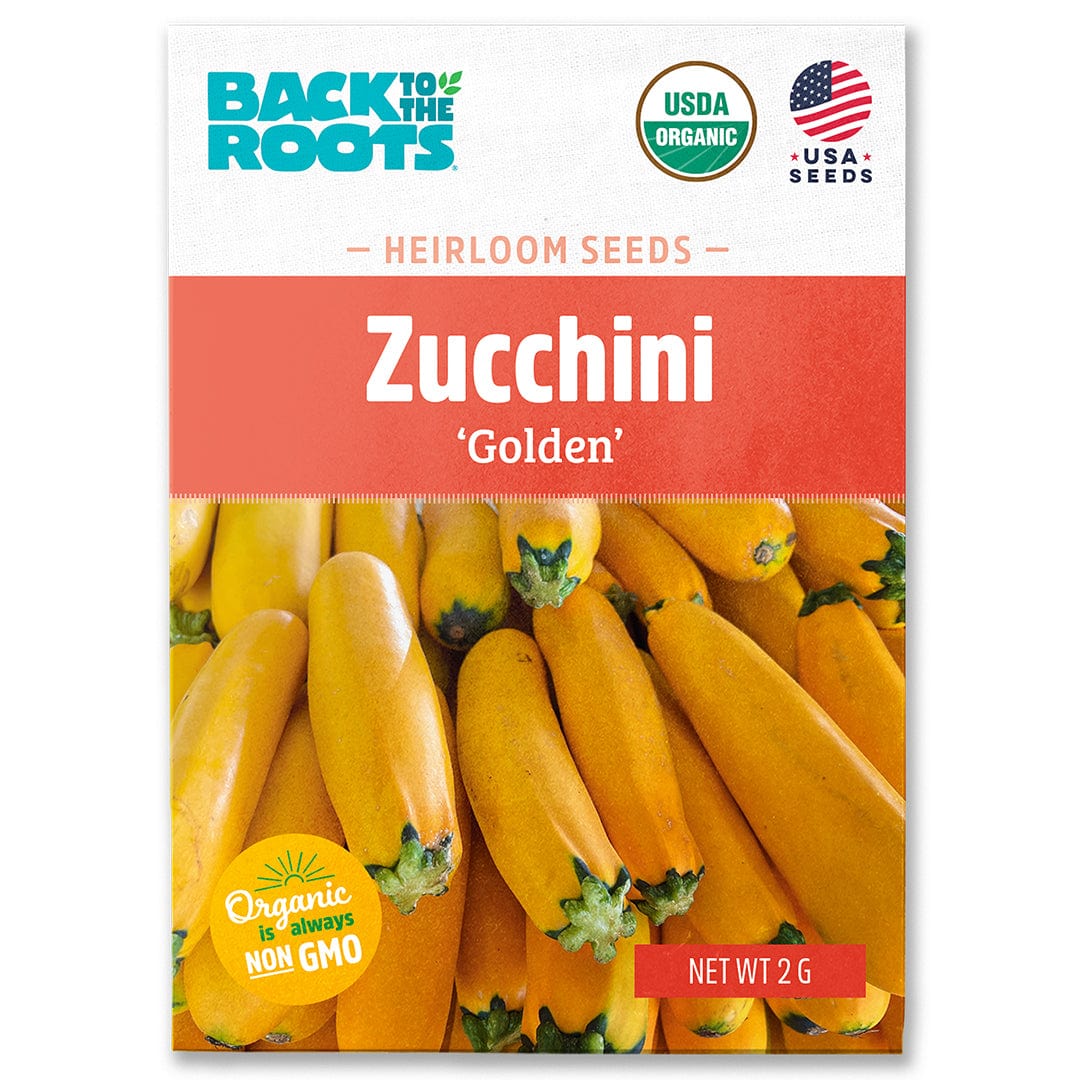 Packet of Back to the Roots organic Golden zucchini seeds with bright yellow zucchinis on front and USDA organic logo. - Organic Zucchini Seeds — 'Golden' - Default Title - Back to the Roots
