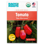 Package of Back to the Roots organic San Marzano tomato heirloom seeds with ripe red tomatoes on vines. - Organic Tomato Seeds — 'San Marzano' - Default Title - Back to the Roots