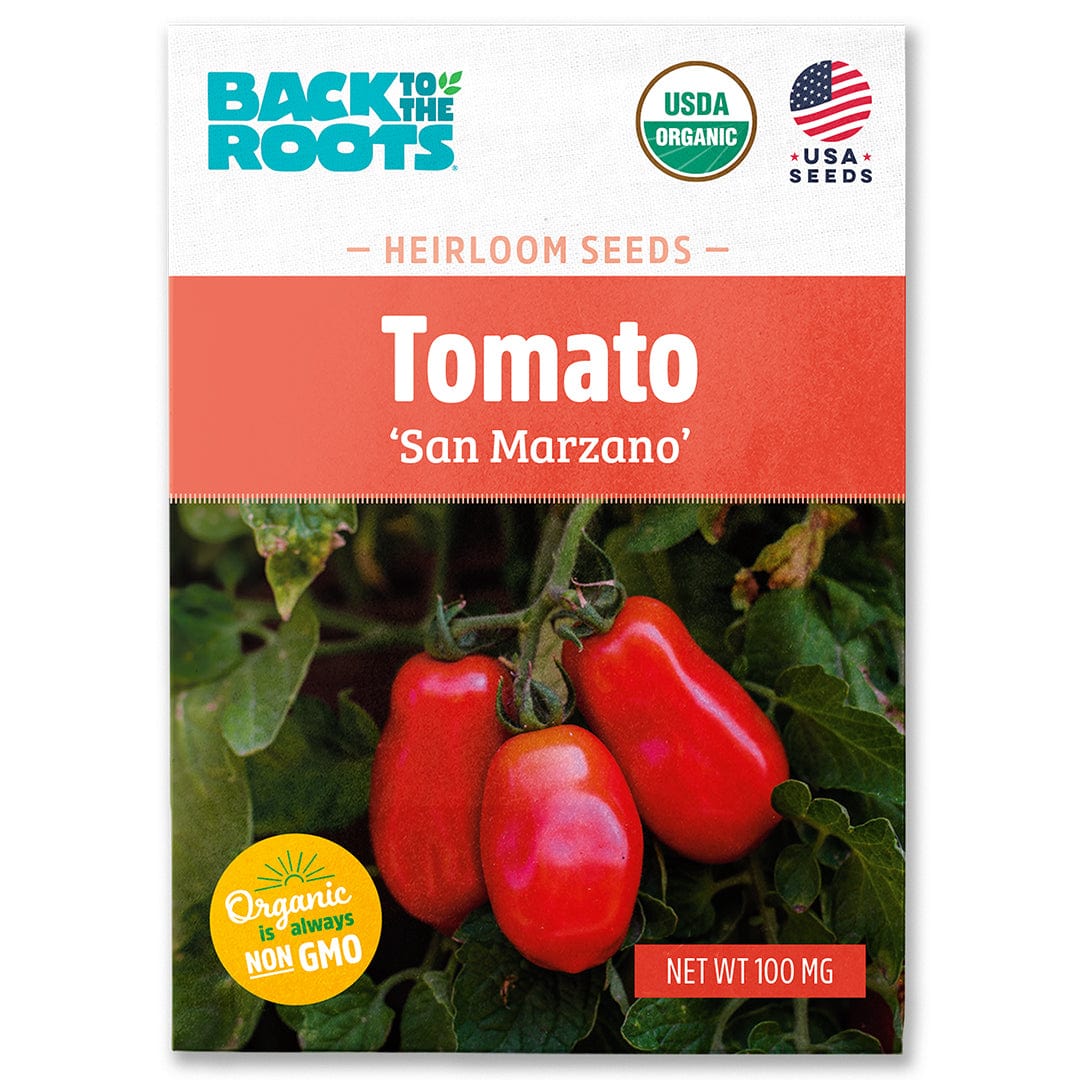 Package of Back to the Roots organic San Marzano tomato heirloom seeds with ripe red tomatoes on vines. - Organic Tomato Seeds — 'San Marzano' - Default Title - Back to the Roots