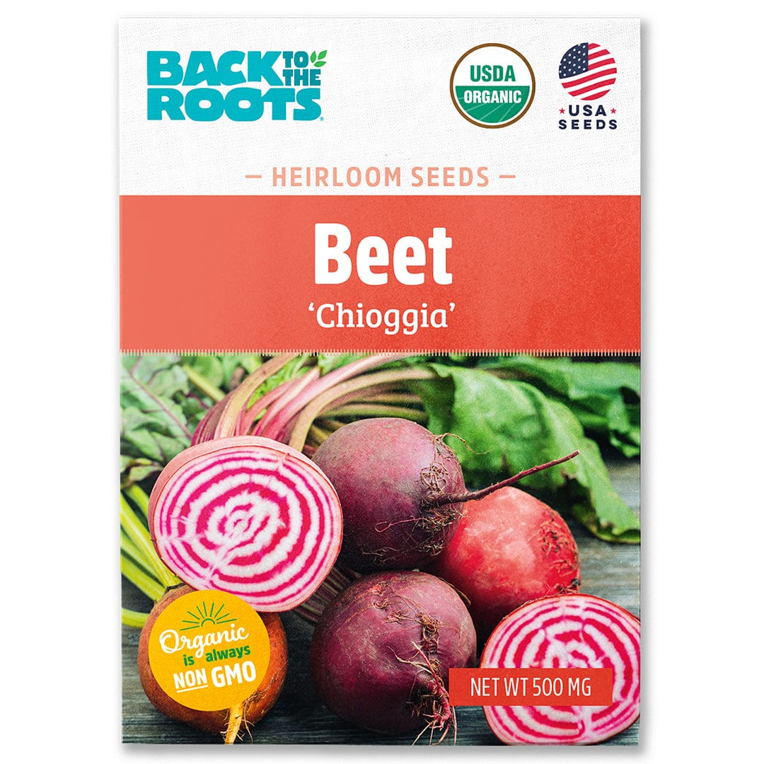 Package of organic Chioggia beet seeds with vibrant red and white striped beet illustration on front. - Organic Beet Seeds — 'Chioggia' - Default Title - Back to the Roots