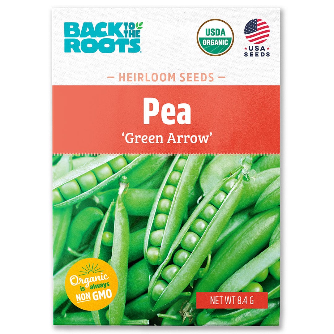 Organic Green Arrow pea seed packet with fresh green pea pods and USDA organic seal. - Organic Pea Seeds — 'Green Arrow' - Default Title - Back to the Roots