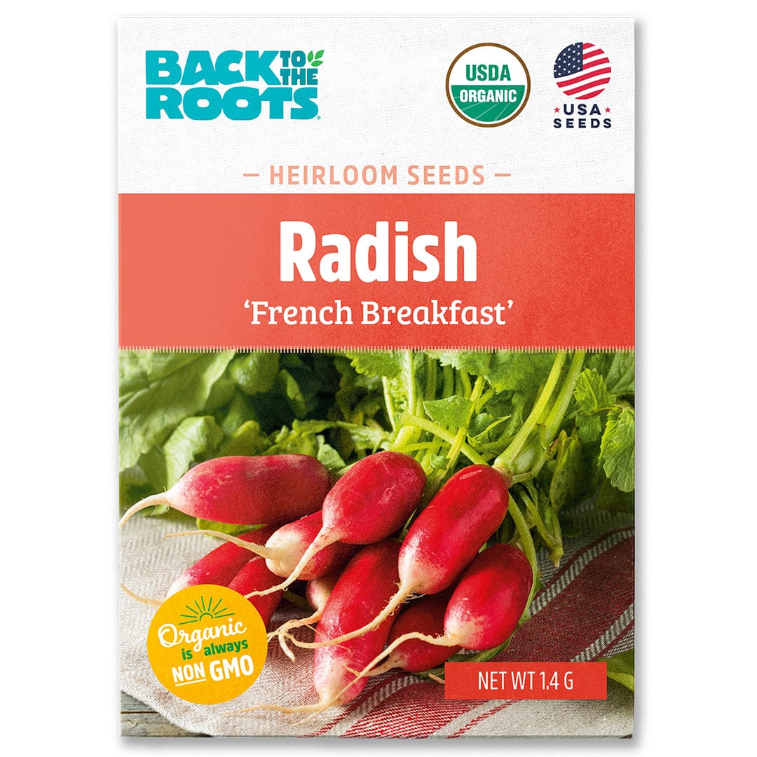 Packet of organic French Breakfast radish seeds with vibrant red radishes and green leaves shown on front. - Organic Radish Seeds — 'French Breakfast' - Default Title - Back to the Roots