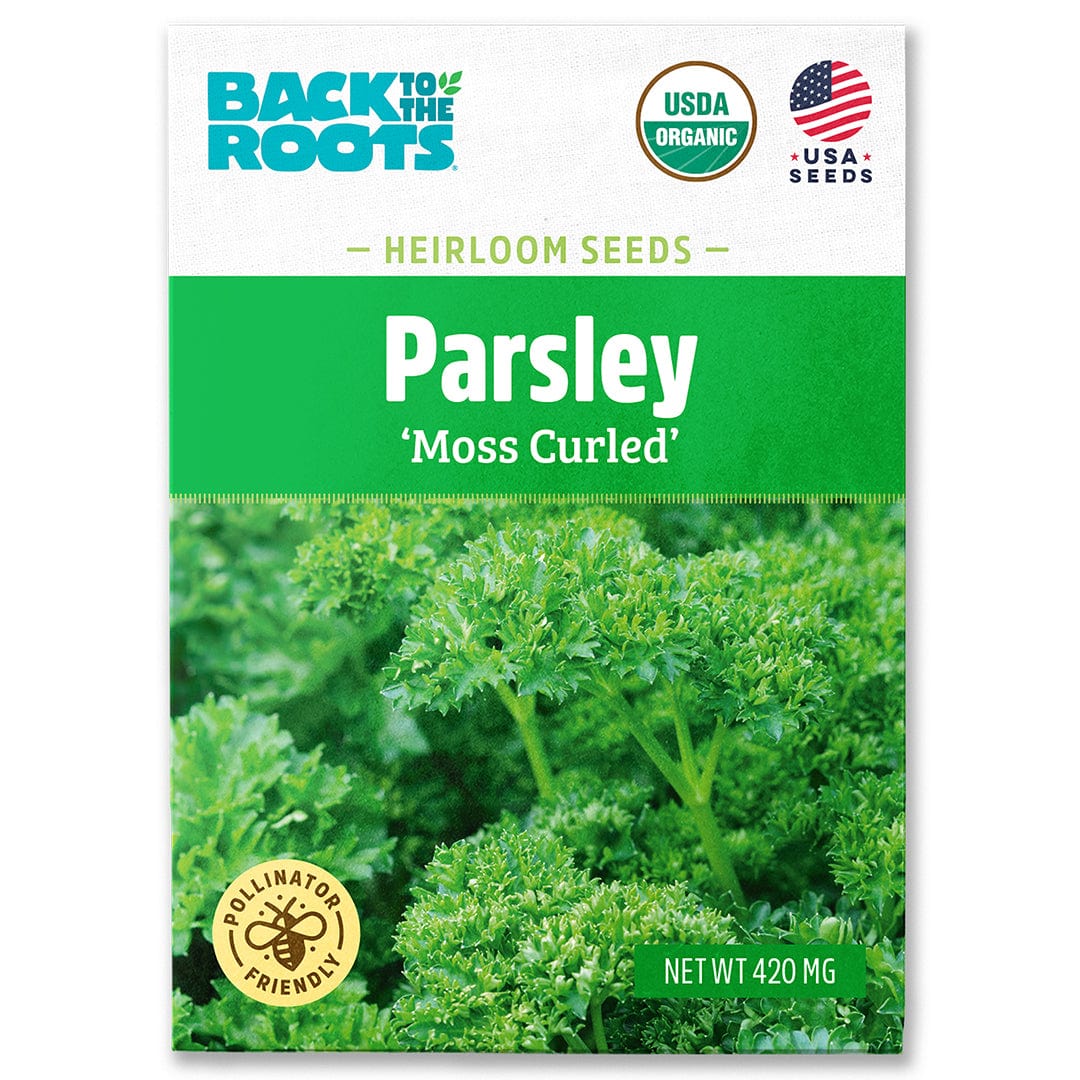 Organic parsley seeds packet labeled "Moss Curled" with vibrant green parsley illustration and USDA organic seal. - Organic Parsley Seeds — 'Moss Curled' - Default Title - Back to the Roots