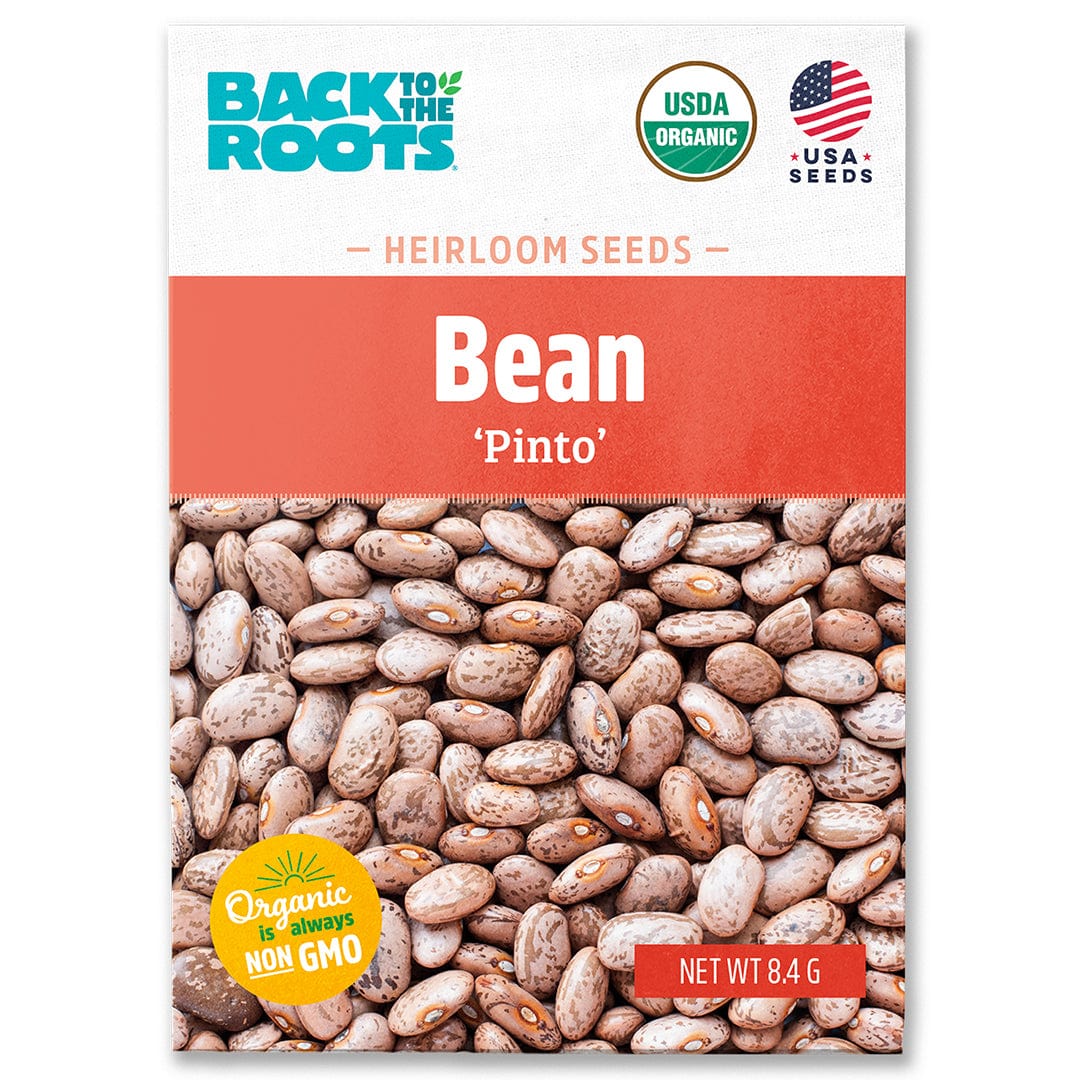 Packet of organic pinto bean seeds with USDA organic and non-GMO labels on white and orange packaging. - Organic Bean Seeds — 'Pinto' - Default Title - Back to the Roots